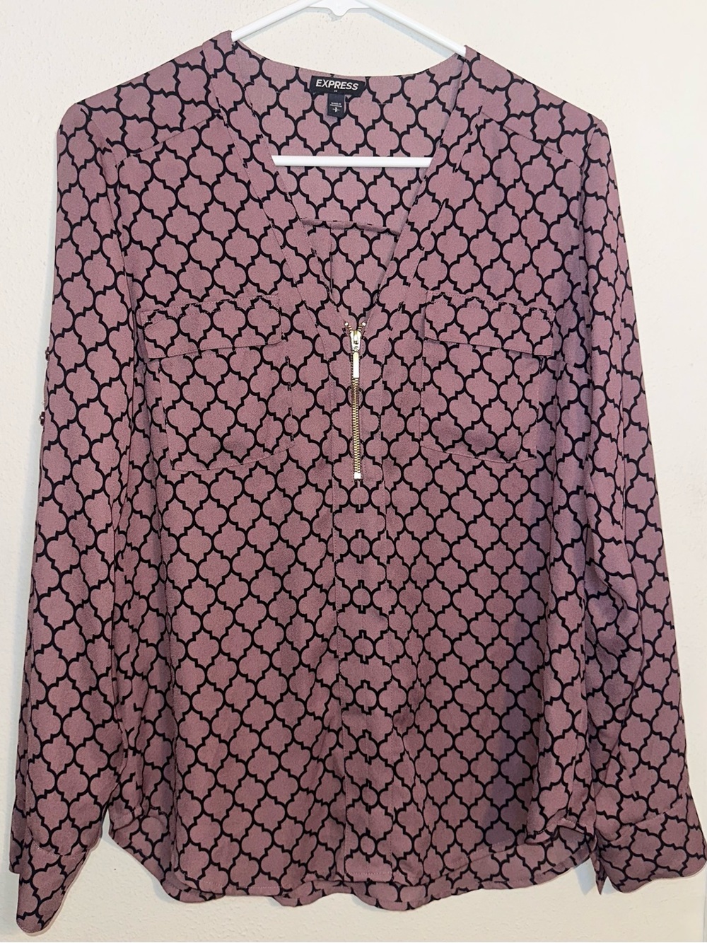 Express Pink Patterned Long-Sleeve Zip Blouse